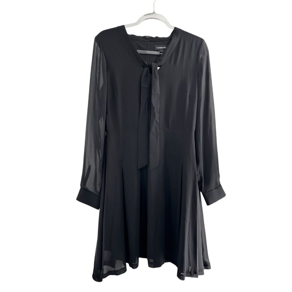 Liz Claiborne Black Long Sleeve Sheer Bow Tie Career Dress 6 Old Money Retro